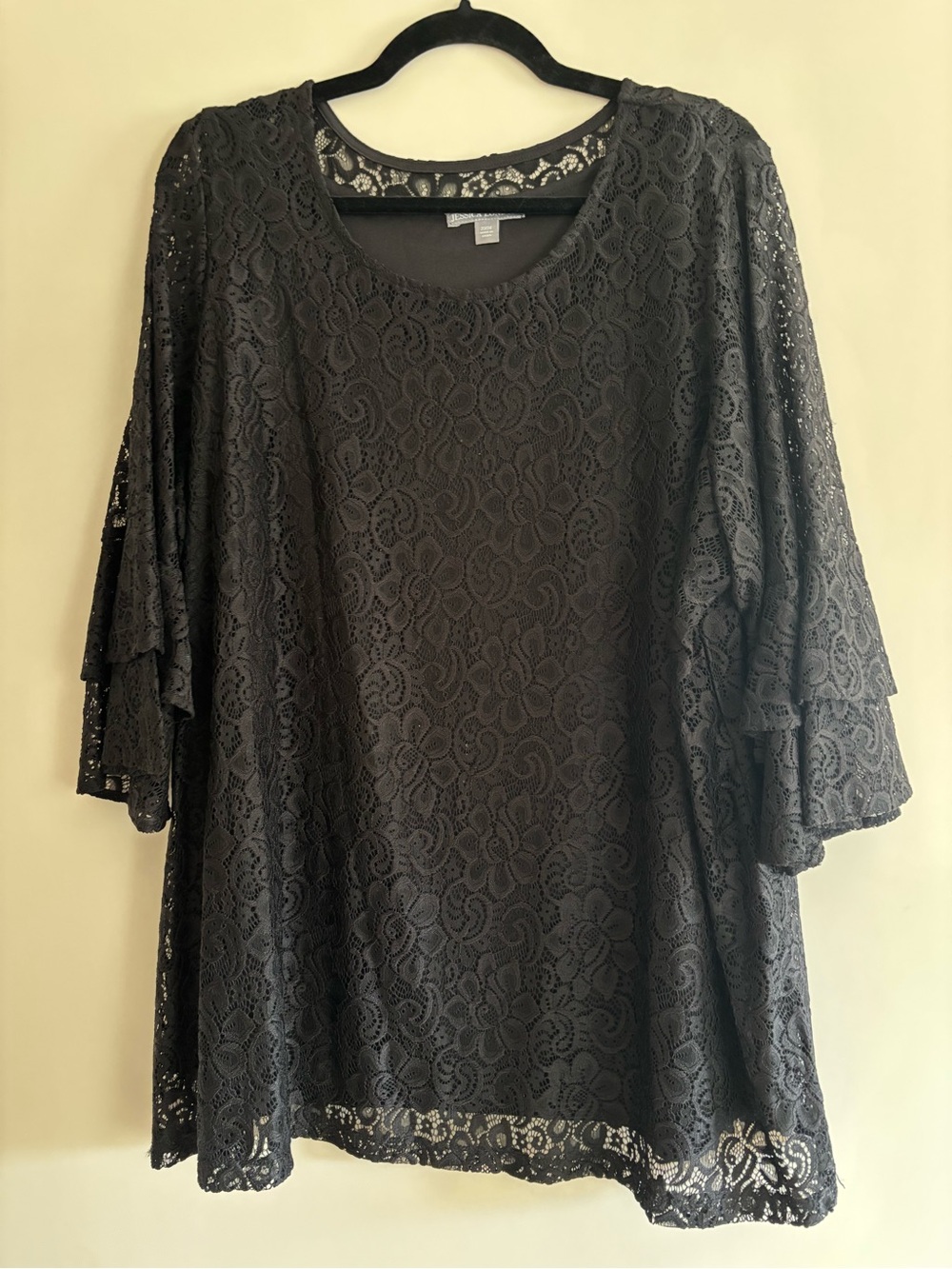 Jessica London Black Lace Layered Bell Sleeve Blouse